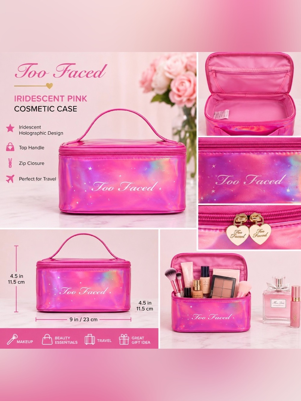 Too Faced Iridescent Pink Holographic Cosmetic Makeup Case
